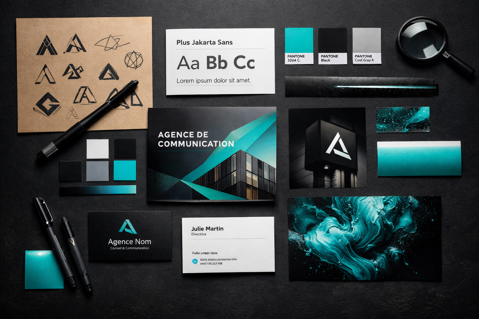 Création d’identité visuelle et supports de communication haut de gamme. Création d’identité visuelle pour entreprise avec supports print, logo et charte graphique sur fond noir.