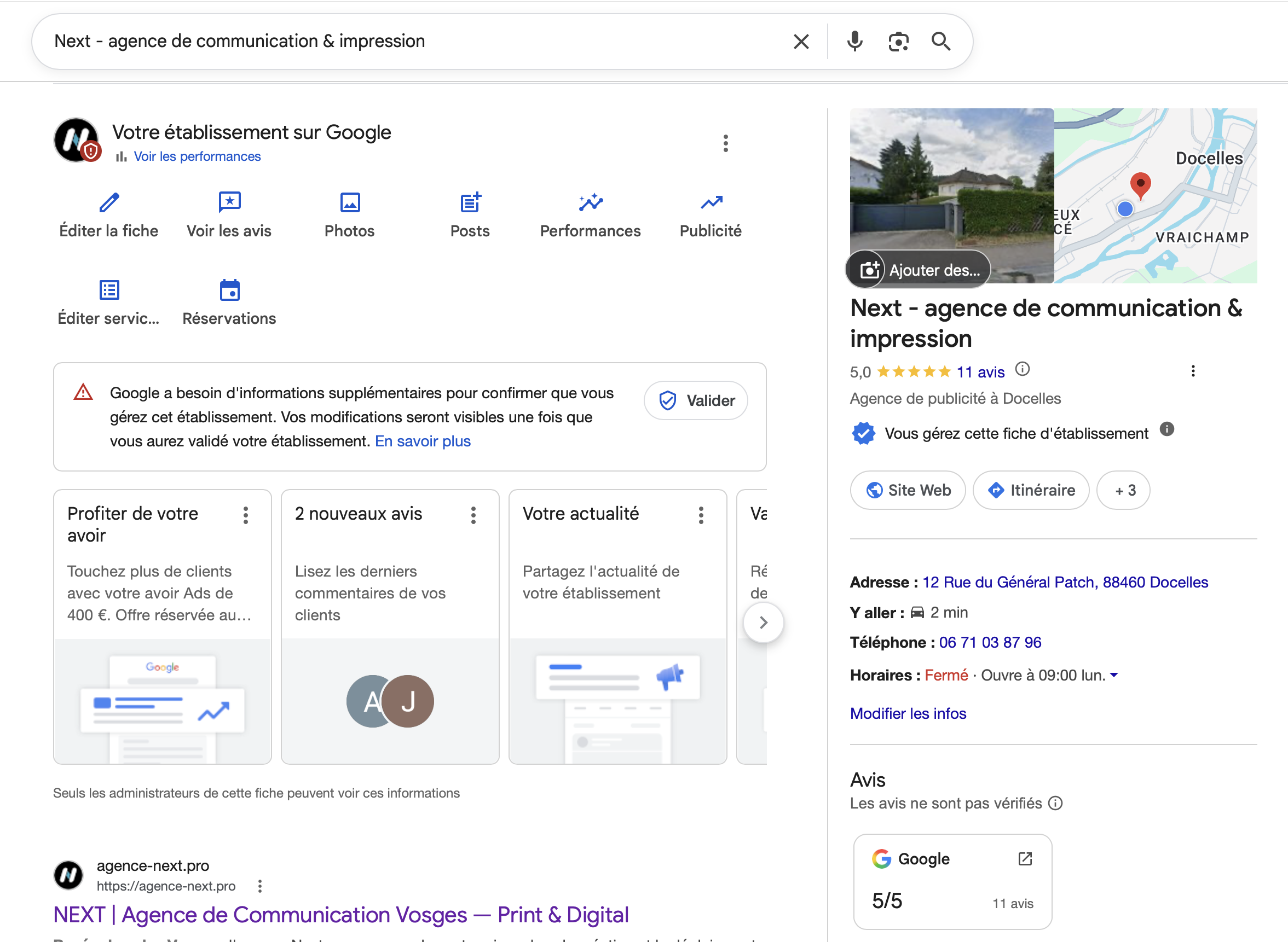 Fiche Google d'entreprise optimisée – Agence Next, Docelles, Vosges