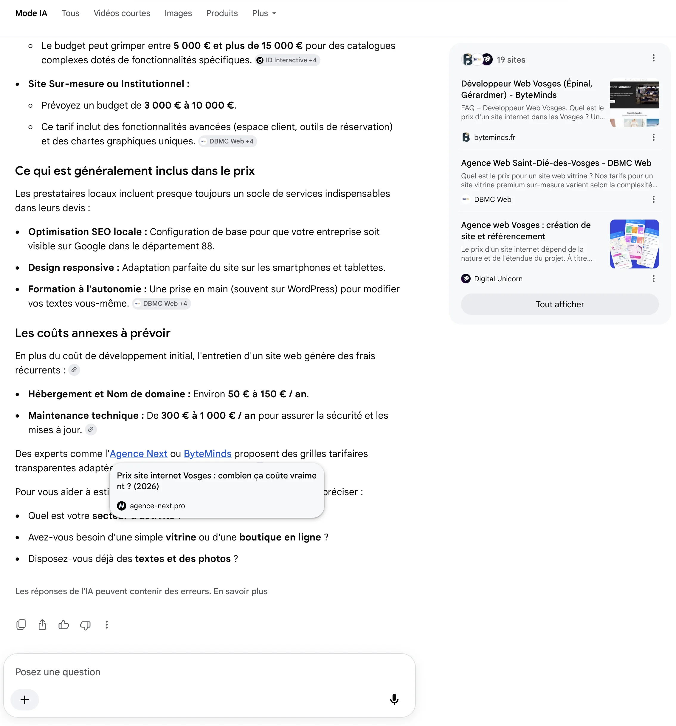 Réponse Google mode IA citant une entreprise locale des Vosges – Agence Next, Docelles