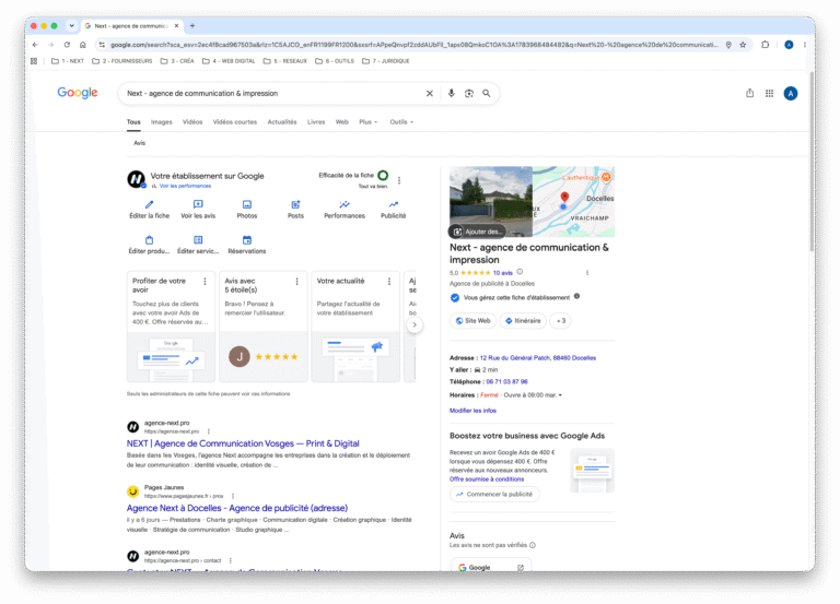 Fiche d'établissement Google optimisée d'une agence de communication dans les Vosges