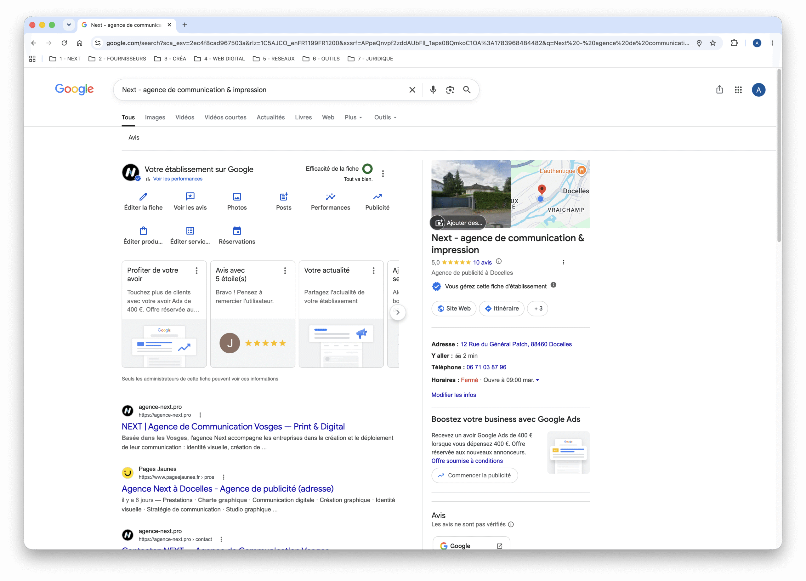 Fiche d'établissement Google optimisée d'une agence de communication dans les Vosges