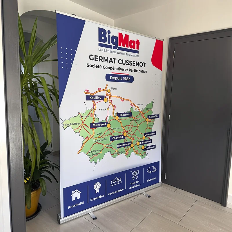 Kakemono roll-up BigMat Germat Cussenot avec carte des Vosges, réalisation Agence Next